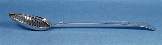 A George III Irish silver strainer spoon, by John Osborne, Length; 315mm Weight: 4.5oz/140 grms